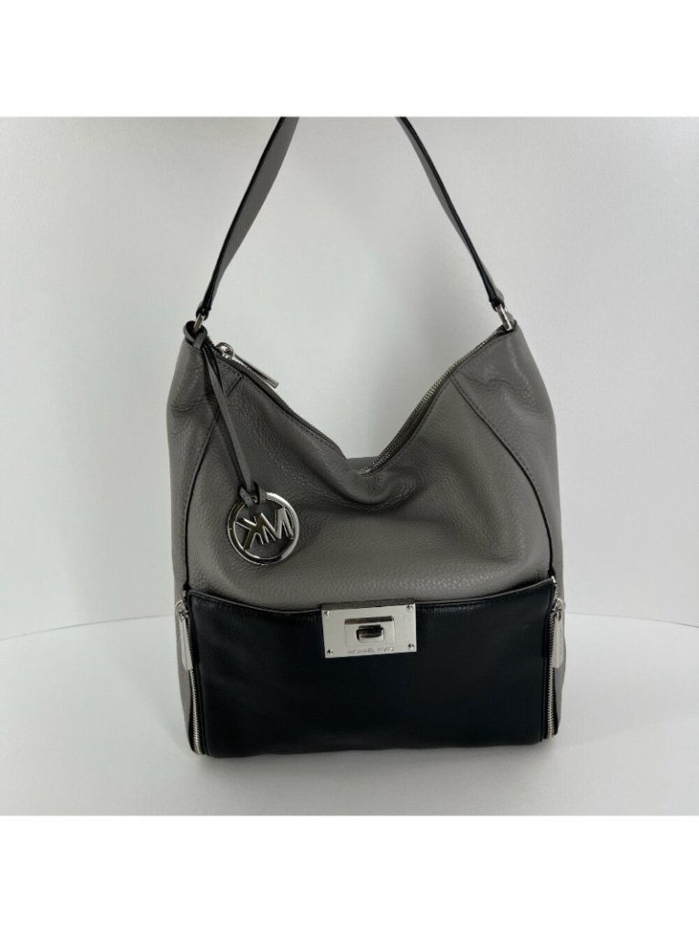 Michael Kors Sloan Hobo Shoulder Bag Womens Turn Lock Pockets Leather Gray Black - Picture 10 of 13